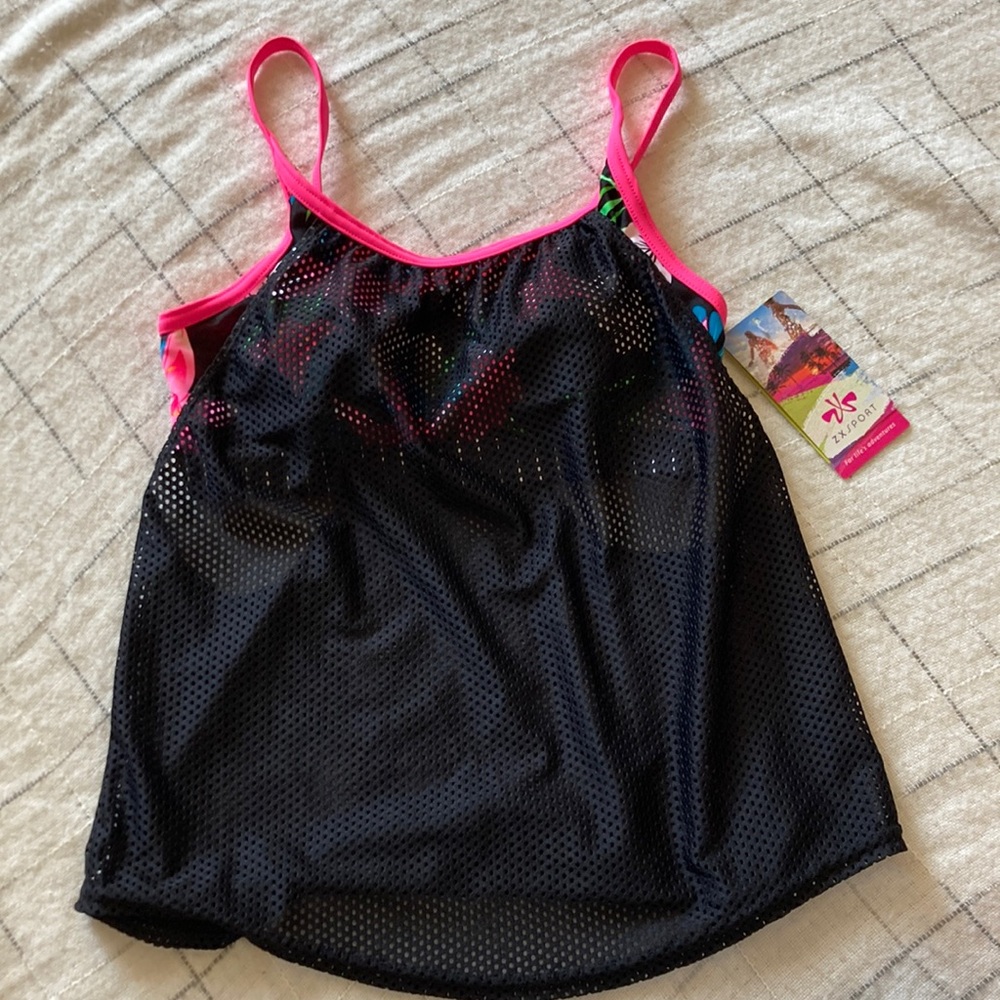 Zxsport swim/exercise top with built in tropical bra and mesh tank